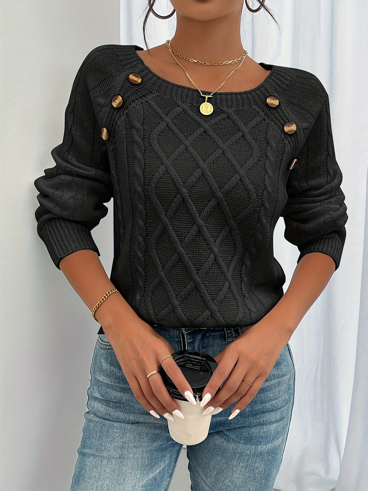 Koriora | Women's Textured Round-Neck Jumper with Lantern Sleeves and Buttons