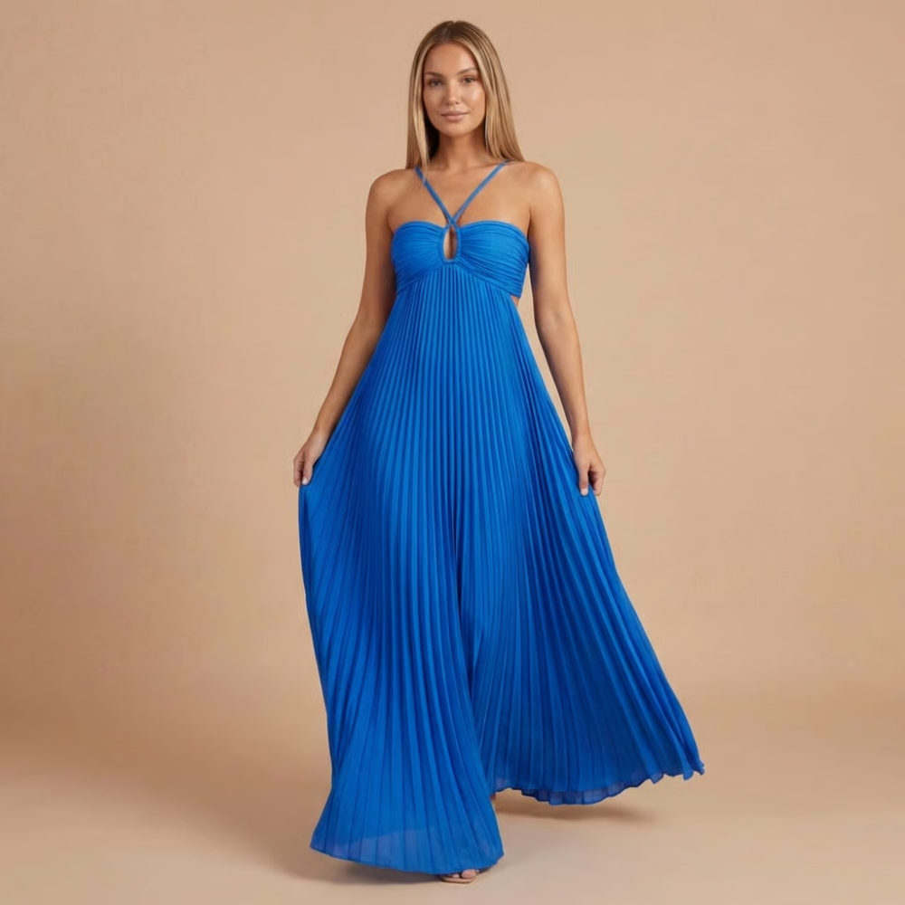 Koriora | Robe Longue Halter Plissée Soléna — Jupe Fluide & Élégance Solaire