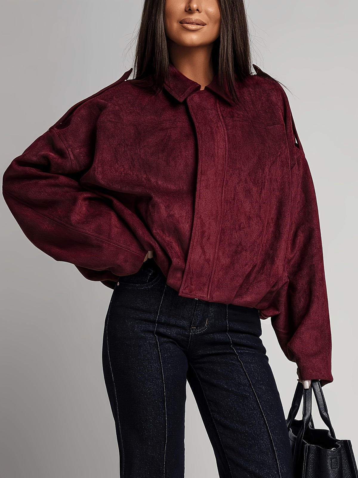 Veste Femme Bordeaux Effet Daim Oversize – Zippée à Col Revers