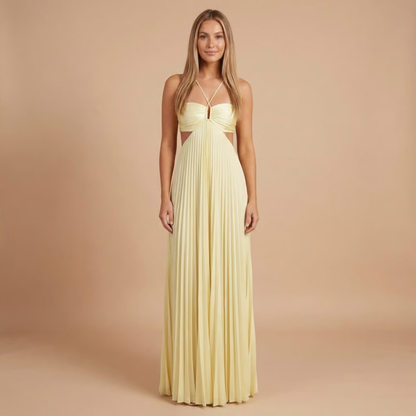 Koriora | Robe Longue Halter Plissée Soléna — Jupe Fluide & Élégance Solaire