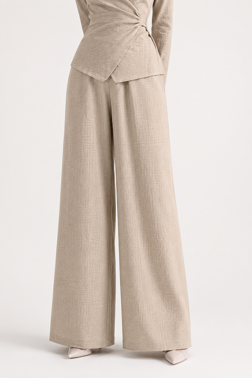 Koriora | Ensemble 2 Pièces Drapé Palazzo Taupe — Cache-Cœur Asymétrique & Élégance Fluide