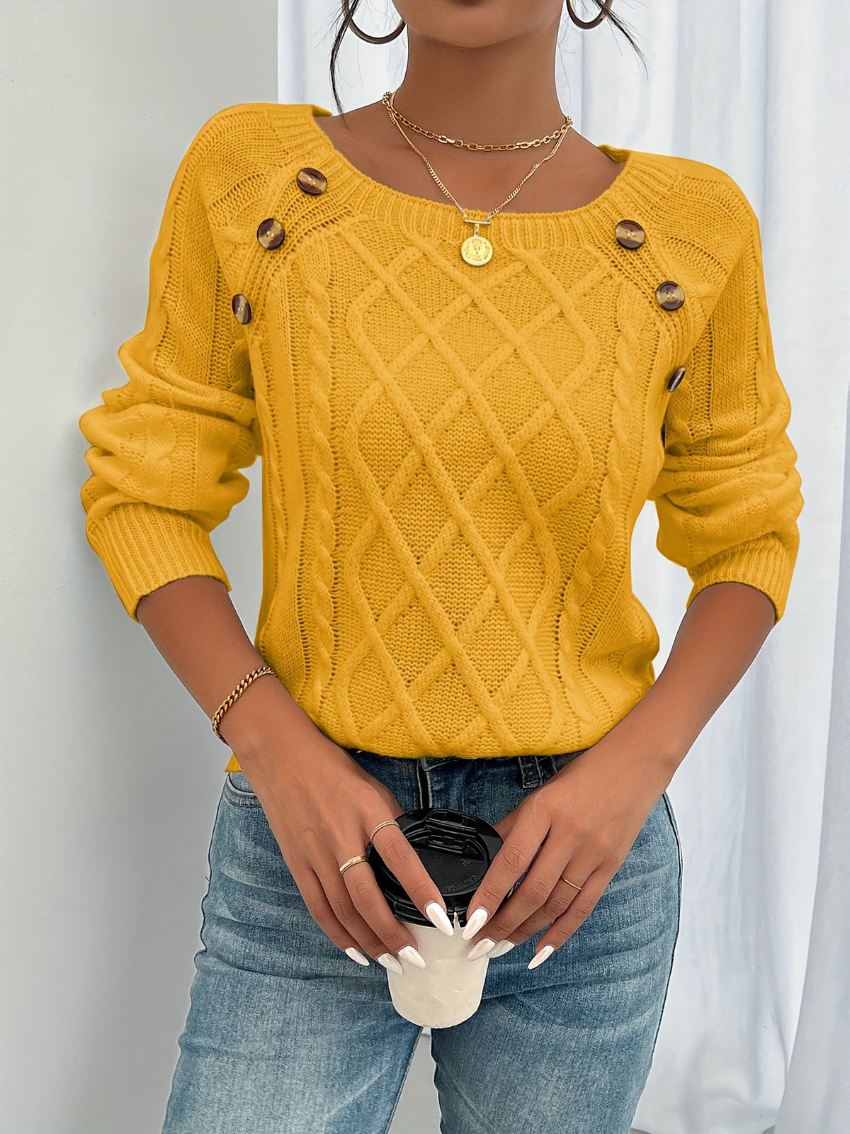 Koriora | Women's Textured Round-Neck Jumper with Lantern Sleeves and Buttons