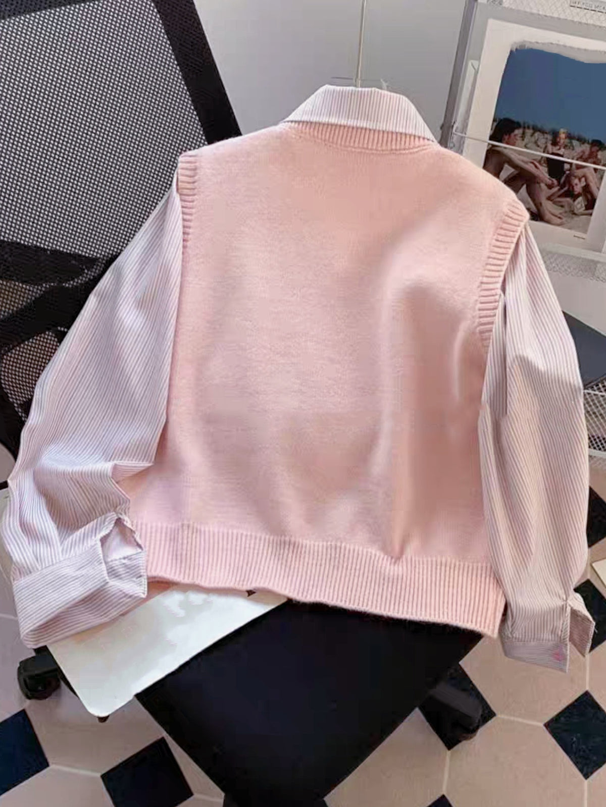 Ensemble 2 Pièces Femme – Chemise Rayée & Gilet en Maille à Col V