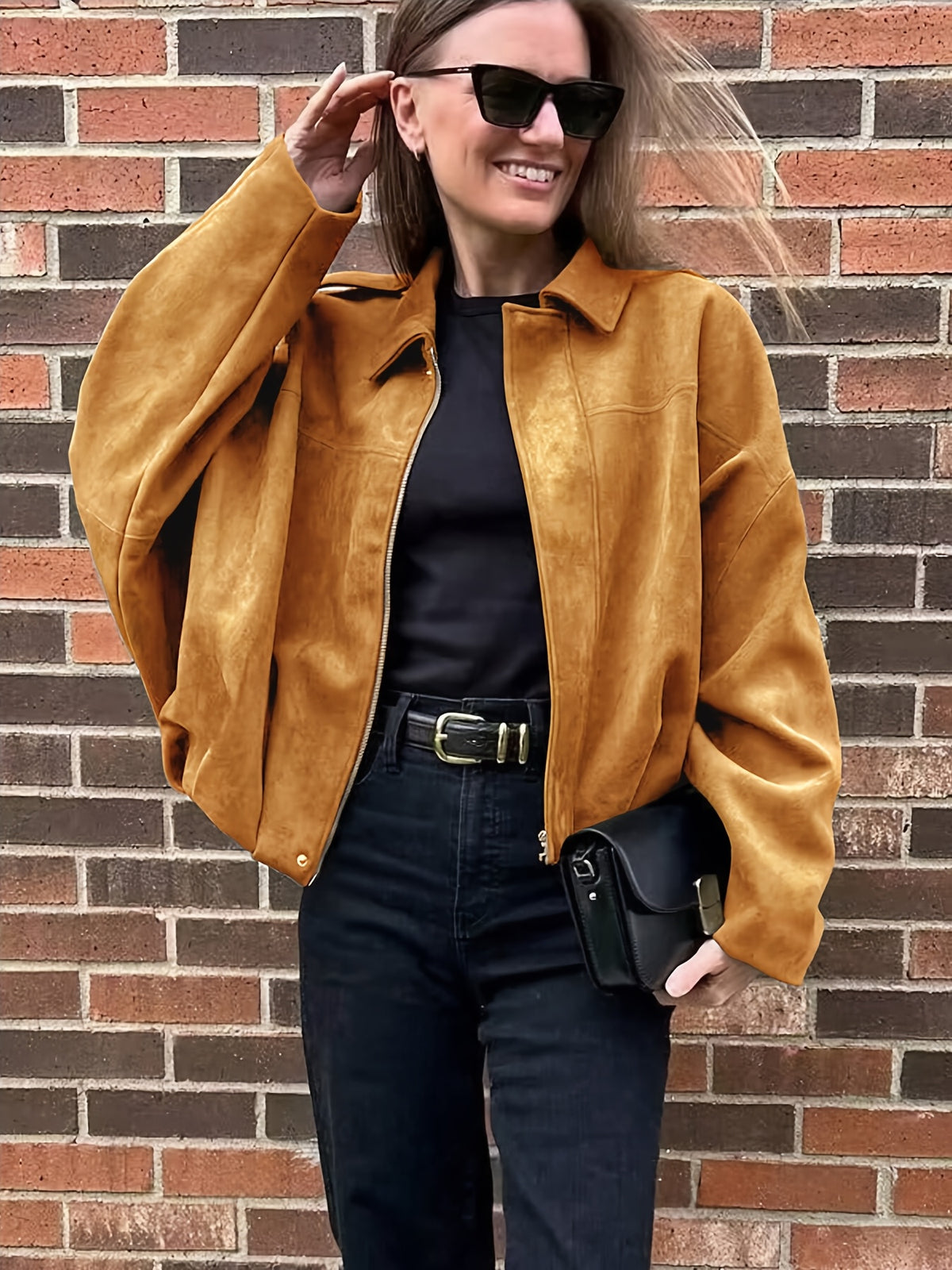 Women's Suede-Effect Zip Jacket with Shirt Collar