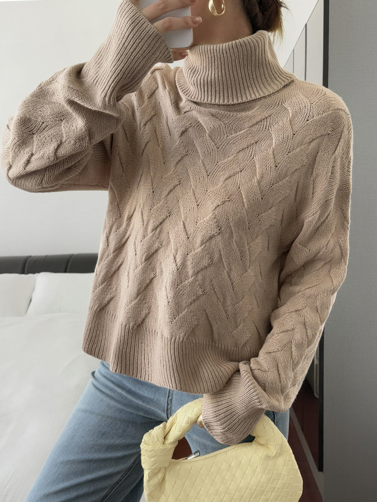Koriora | "Margaux" High-Neck Cable-Knit Jumper — Soft Stretch Knit, Butter / Cream / Pink