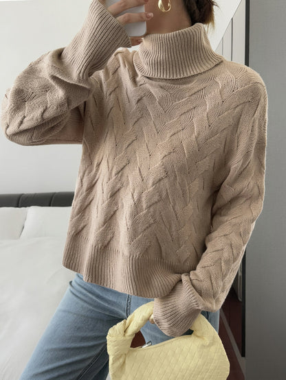 Koriora | "Margaux" High-Neck Cable-Knit Jumper — Soft Stretch Knit, Butter / Cream / Pink