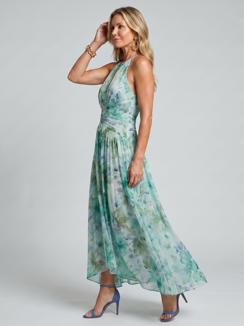 Koriora | Robe Midi Halter Plissée Keyhole — Légère & Élégante