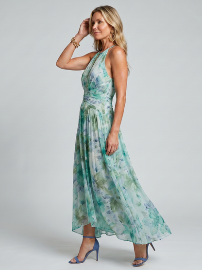 Koriora | Robe Midi Halter Plissée Keyhole — Légère & Élégante