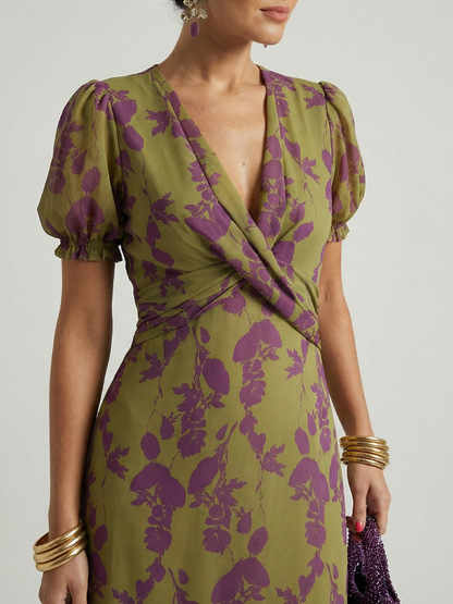 Koriora | Robe Midi Cache-Cœur Florale Manches Courtes — Confort & Élégance Quotidienne