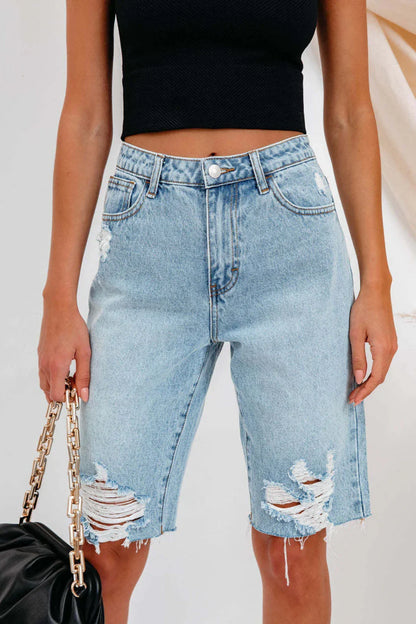 Koriora | Bermuda Jean Femme Destroy — Coupe Droite Taille Haute & Style Casual Authentique