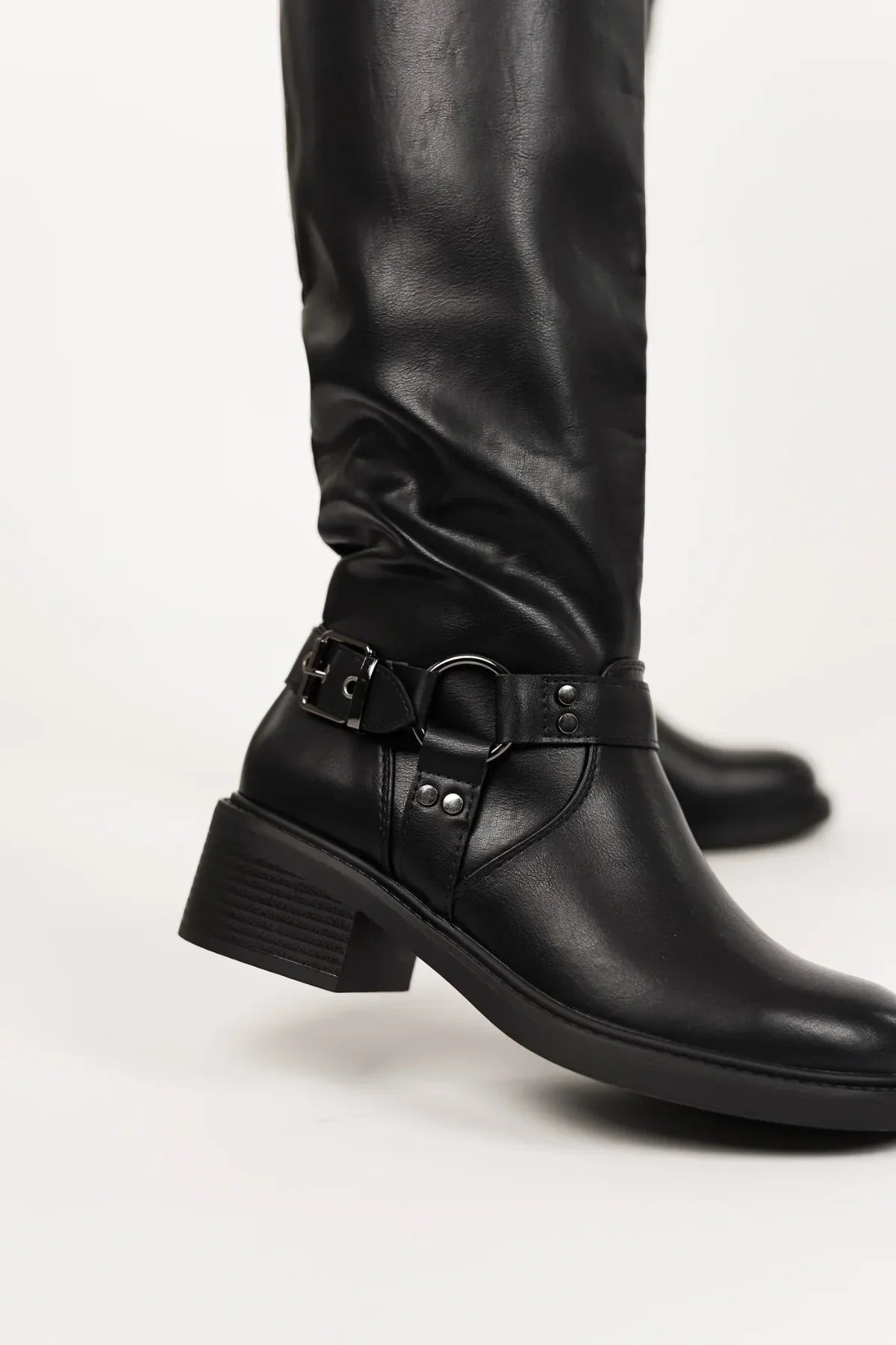 Women's Leather Equestrian Knee-High Boots with Buckles & Block Heel in Black