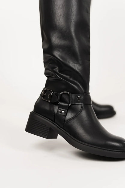 Women's Leather Equestrian Knee-High Boots with Buckles & Block Heel in Black