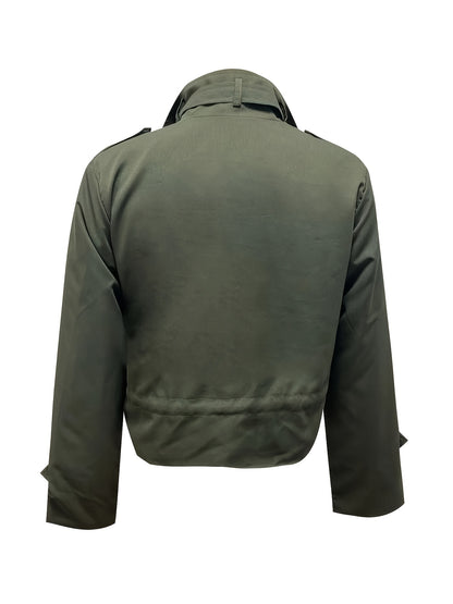 Veste Femme Courte Style Cargo – Col Montant, Poches & Taille Ajustable