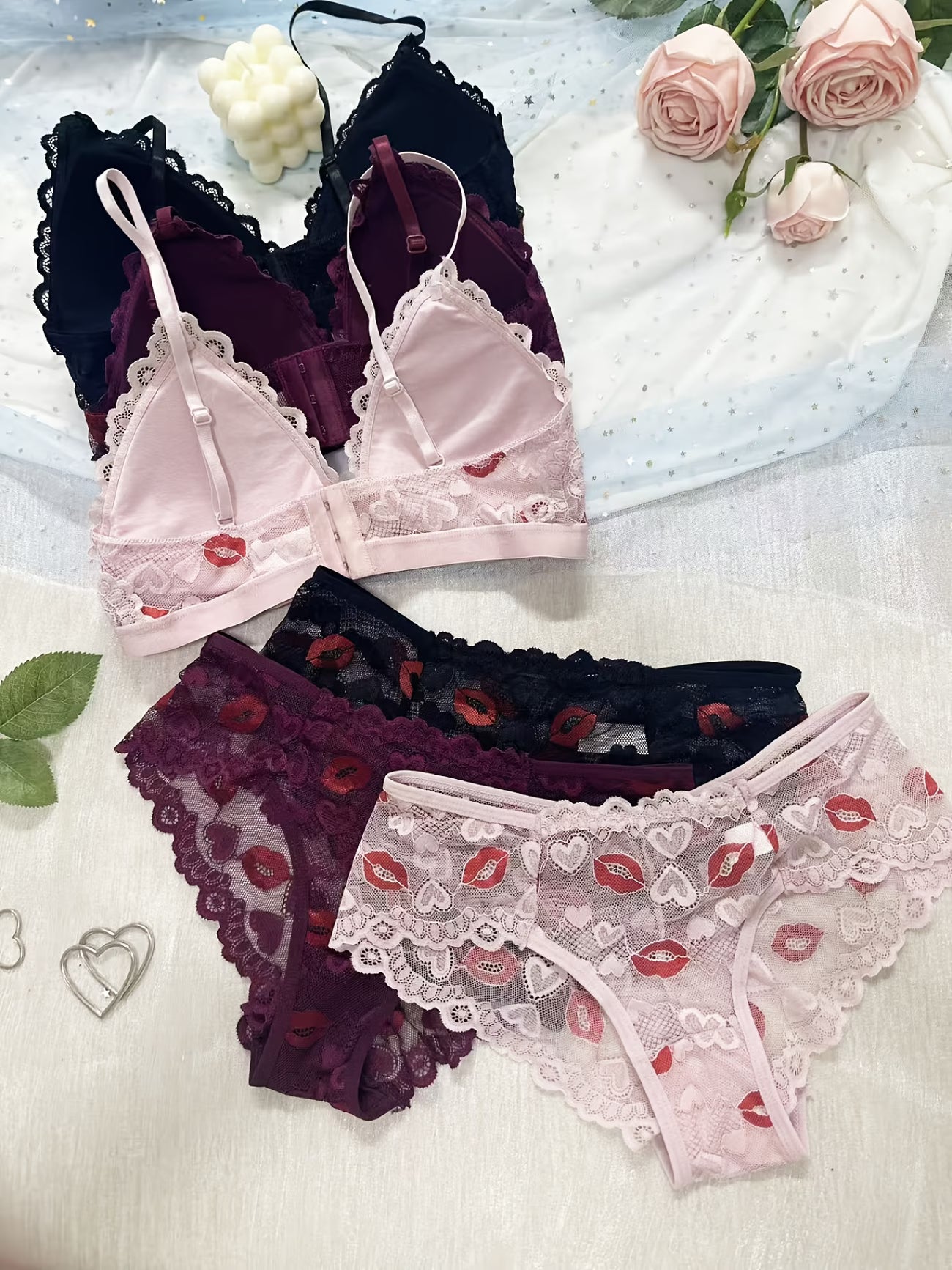 Koriora | Lot de 3 Ensembles Lingerie Dentelle Romantique — Soutien-Gorge & Culotte Taille Basse