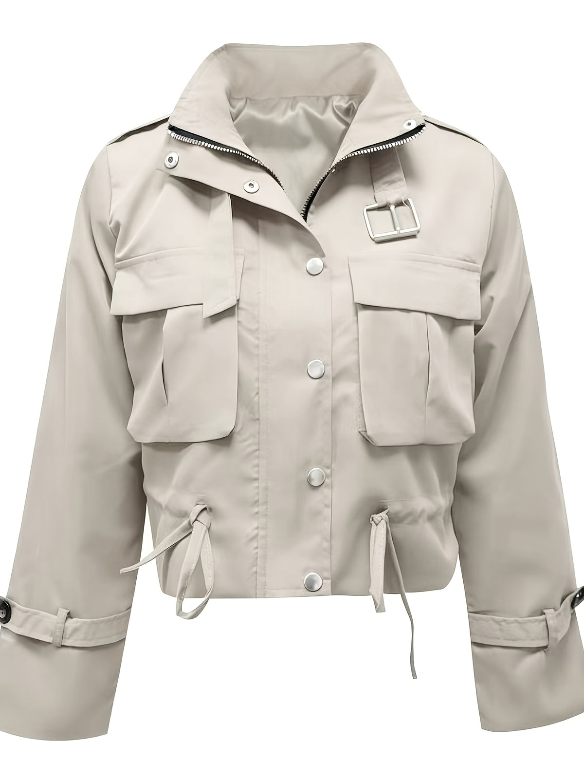 Veste Femme Courte Style Cargo – Col Montant, Poches & Taille Ajustable