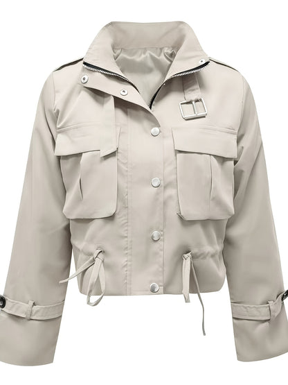 Veste Femme Courte Style Cargo – Col Montant, Poches & Taille Ajustable
