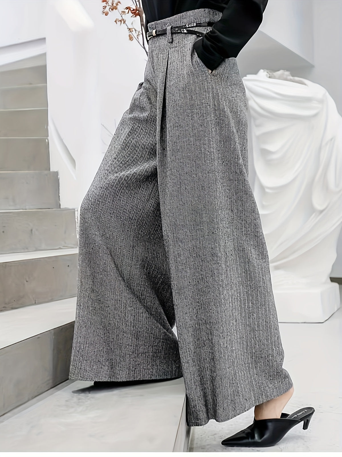 Pantalon Femme Large Gris Taille Haute  Coupe Tailleur à Plis
