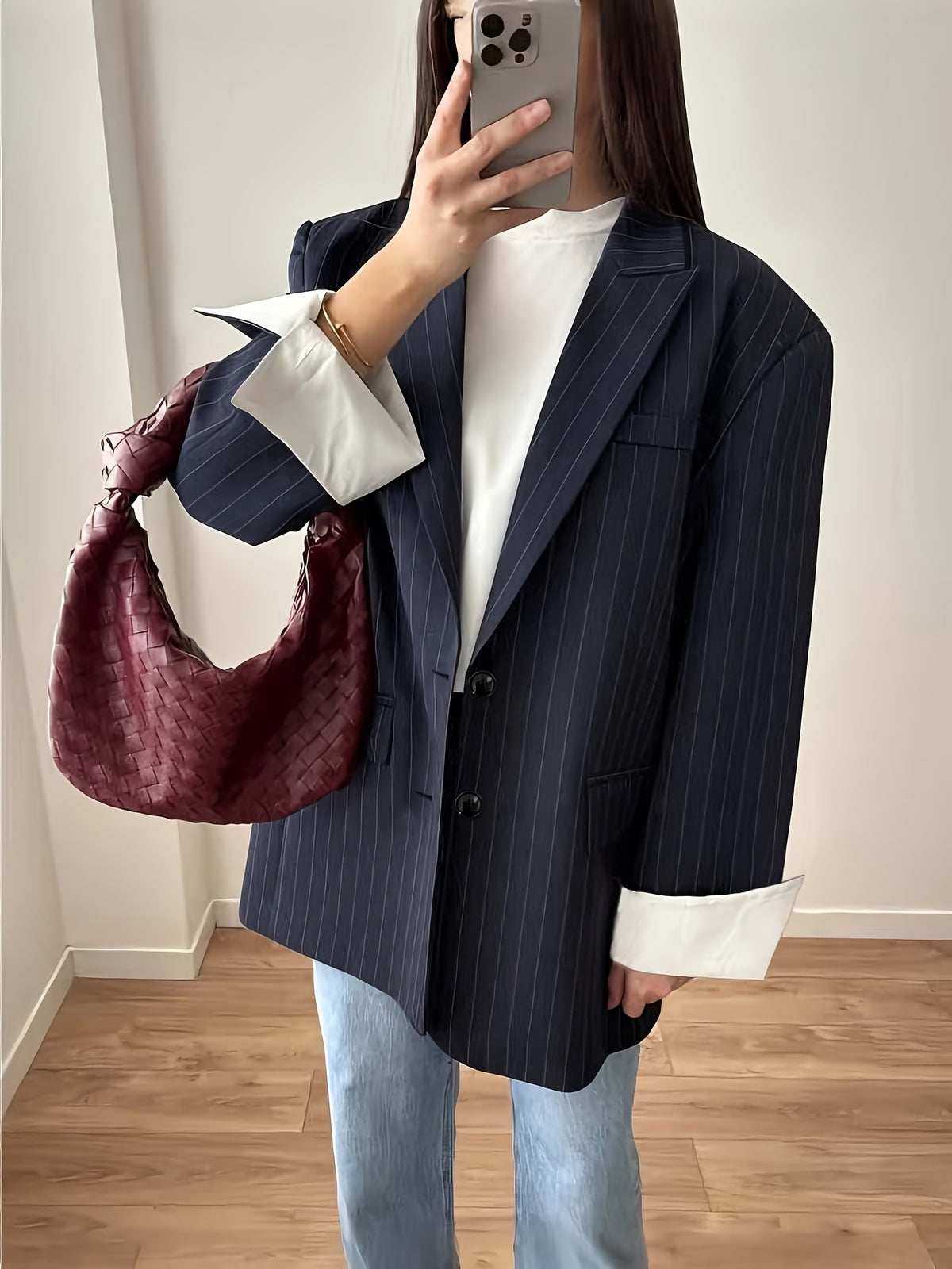 Women's Relaxed Pinstripe Blazer with Contrasting White Cuffs