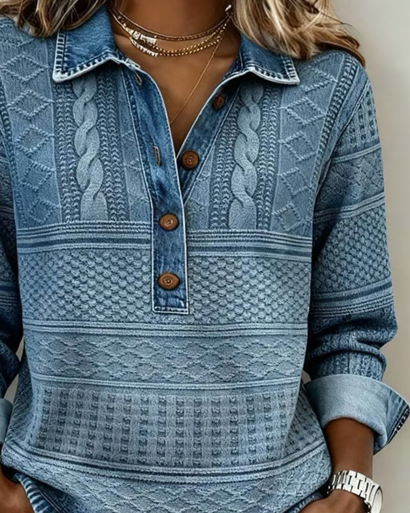 Koriora | Denim-Effect Knitted Polo-Neck Top — Half-Button Fastening and Relaxed Everyday Elegance