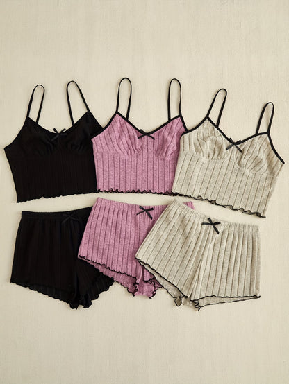 Koriora | Lot de 3 Ensembles Pyjama Côtelé Femme — Débardeur Col V & Short Doux Toutes Saisons