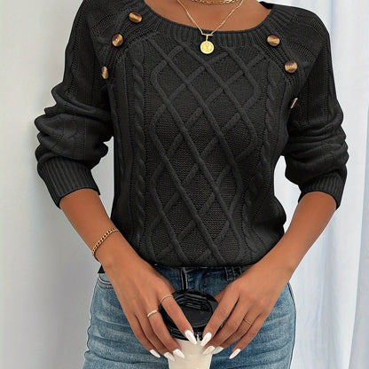 Koriora | Women's Textured Round-Neck Jumper with Lantern Sleeves and Buttons