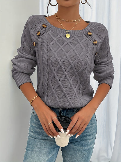 Koriora | Women's Textured Round-Neck Jumper with Lantern Sleeves and Buttons