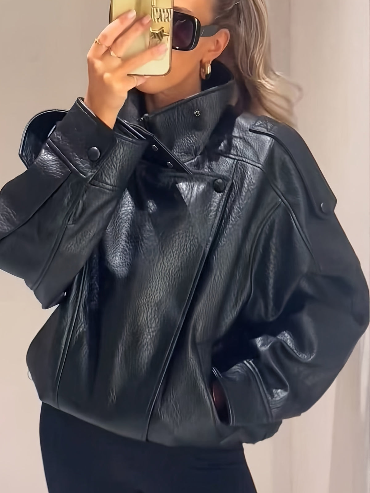 Veste Femme Oversize Marron Effet Cuir – Col Montant & Coupe Bomber