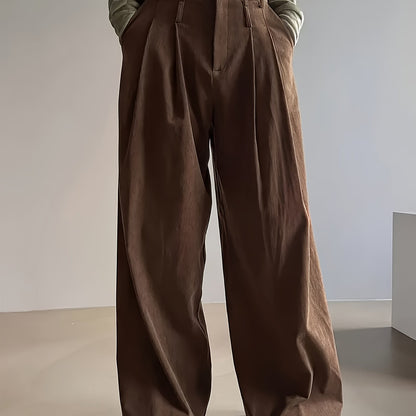 Pantalon Femme Côtelé Taille Haute à Coupe Large Décontracté Élégant