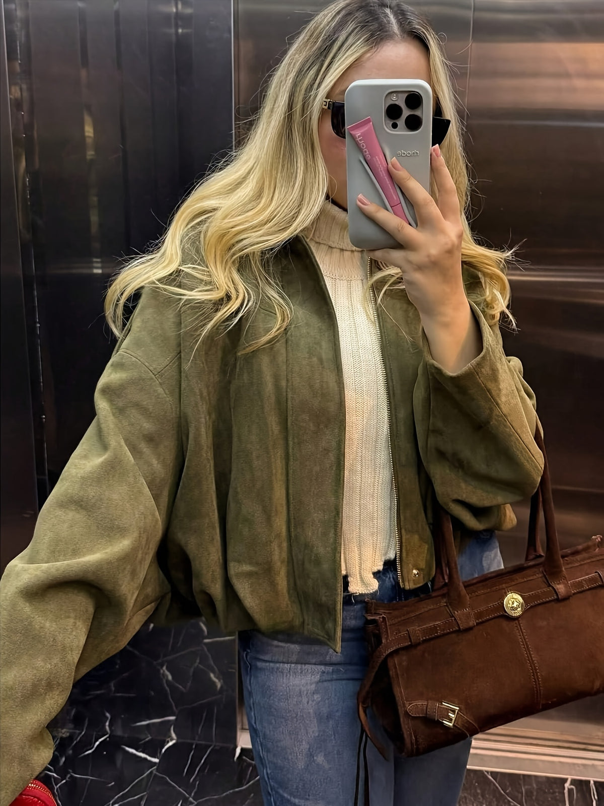 Women's Suede-Effect Zip Jacket with Shirt Collar