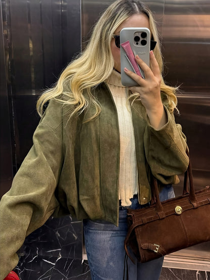 Women's Suede-Effect Zip Jacket with Shirt Collar