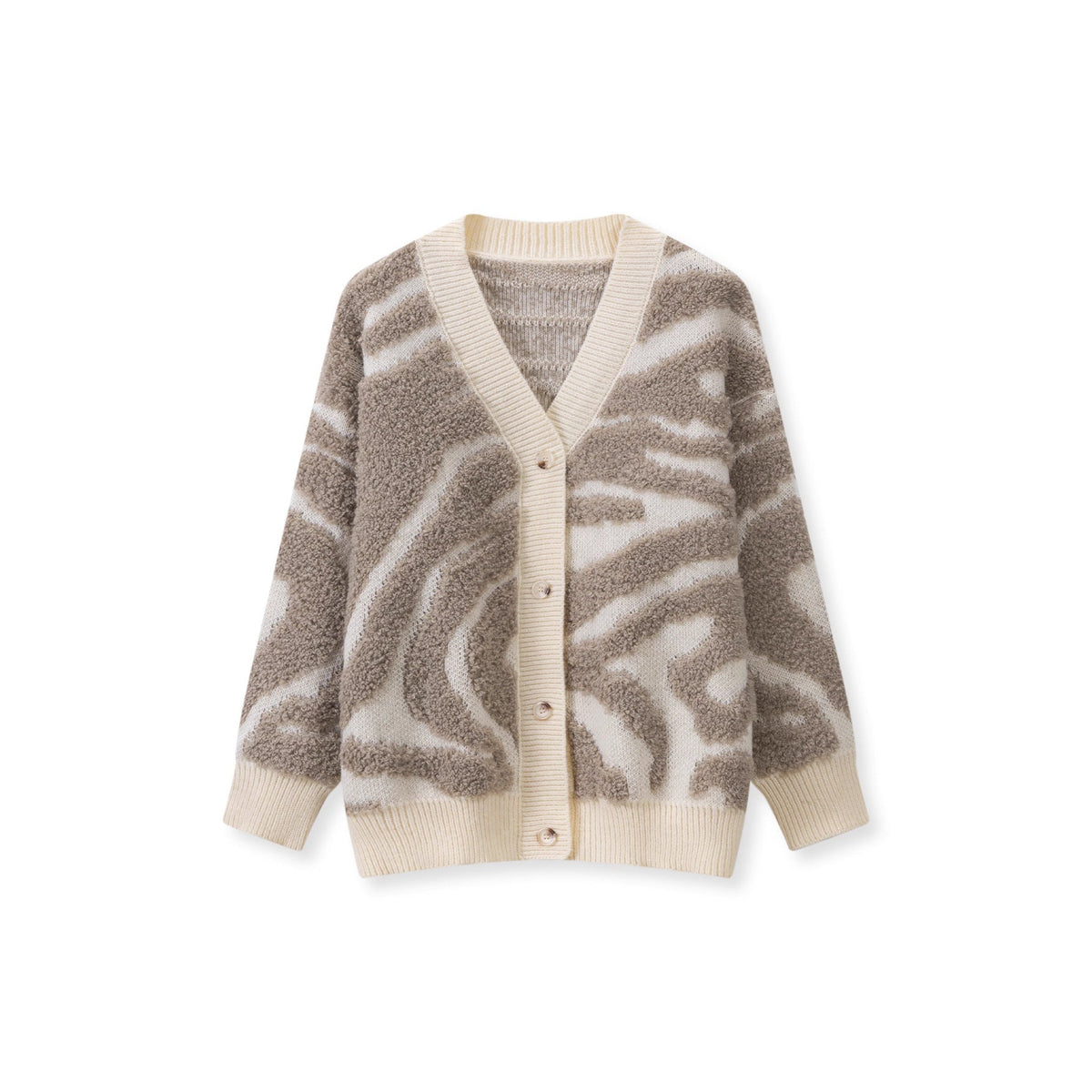 Koriora | "Safira" Zebra-Print Bouclé Cardigan — Loose Fit, V-Neck, Multicolour