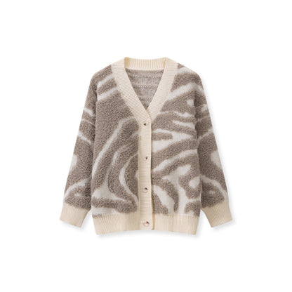 Koriora | "Safira" Zebra-Print Bouclé Cardigan — Loose Fit, V-Neck, Multicolour