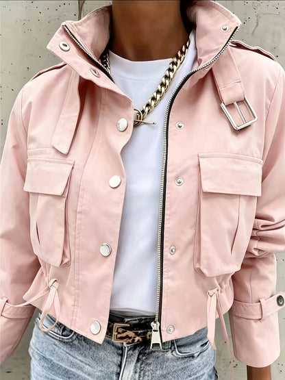Veste Femme Courte Style Cargo – Col Montant, Poches & Taille Ajustable