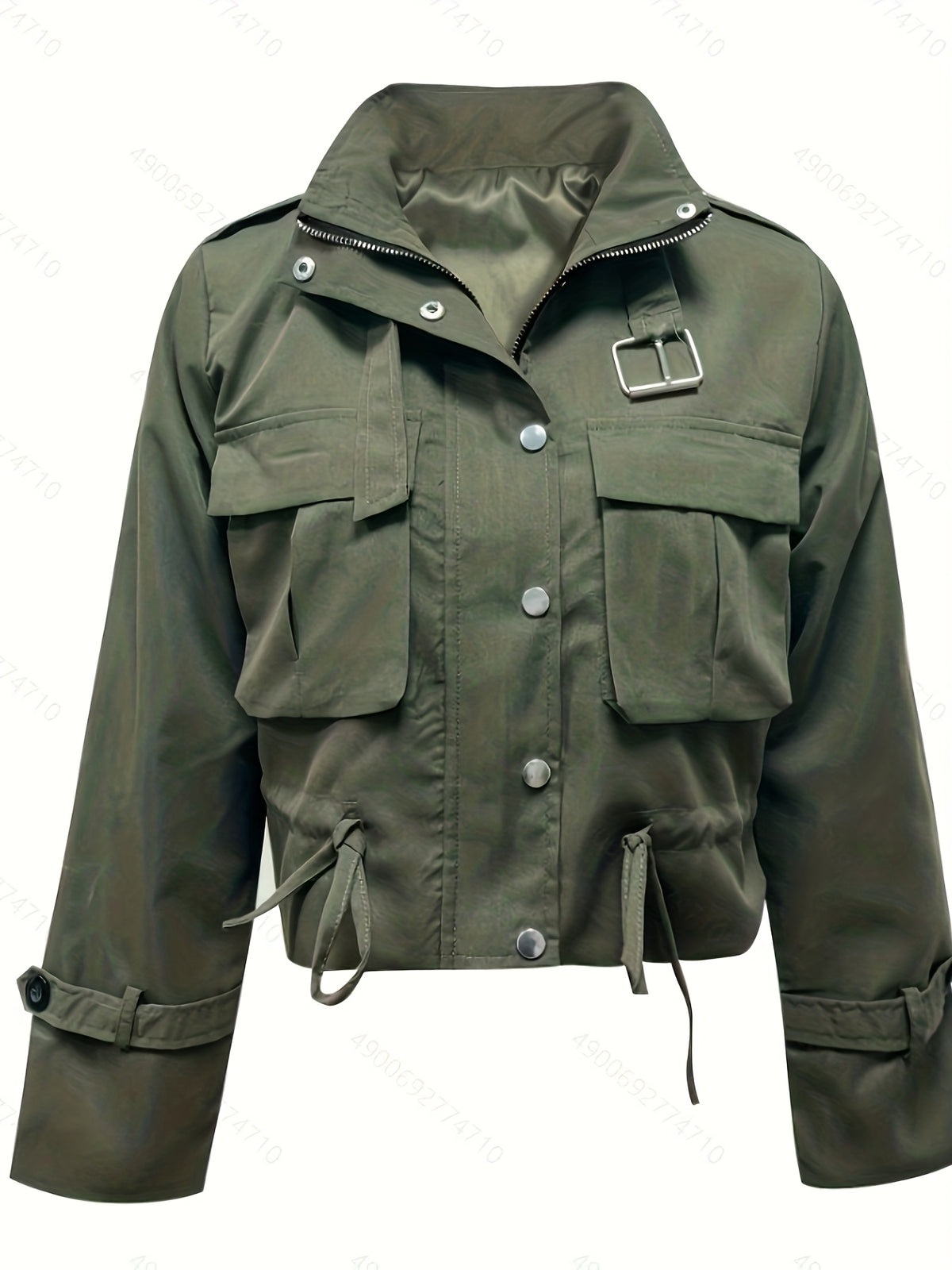 Veste Femme Courte Style Cargo – Col Montant, Poches & Taille Ajustable