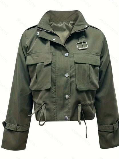 Veste Femme Courte Style Cargo – Col Montant, Poches & Taille Ajustable