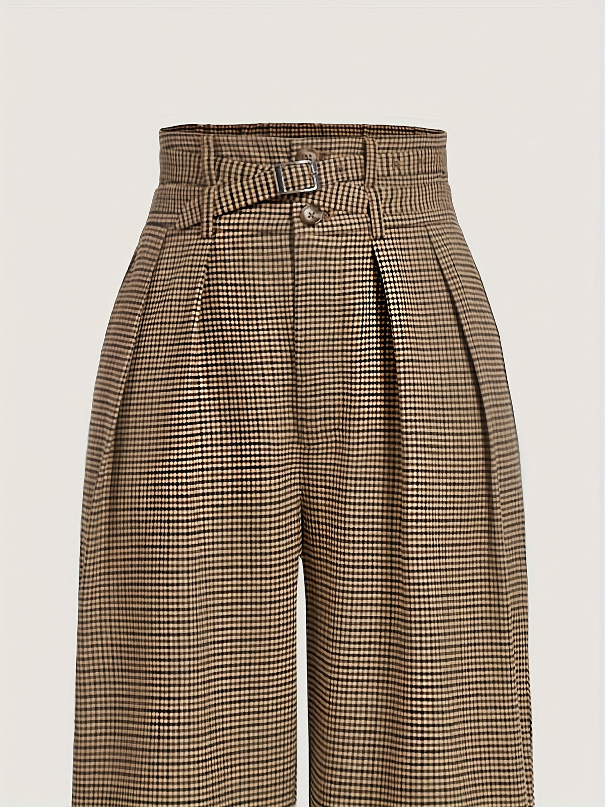 Pantalon Femme Large à Carreaux Marron  Taille Haute à Pinces & Ceinture