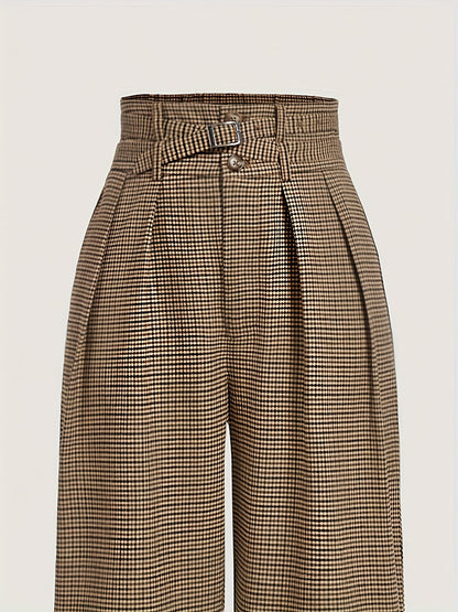 Pantalon Femme Large à Carreaux Marron  Taille Haute à Pinces & Ceinture