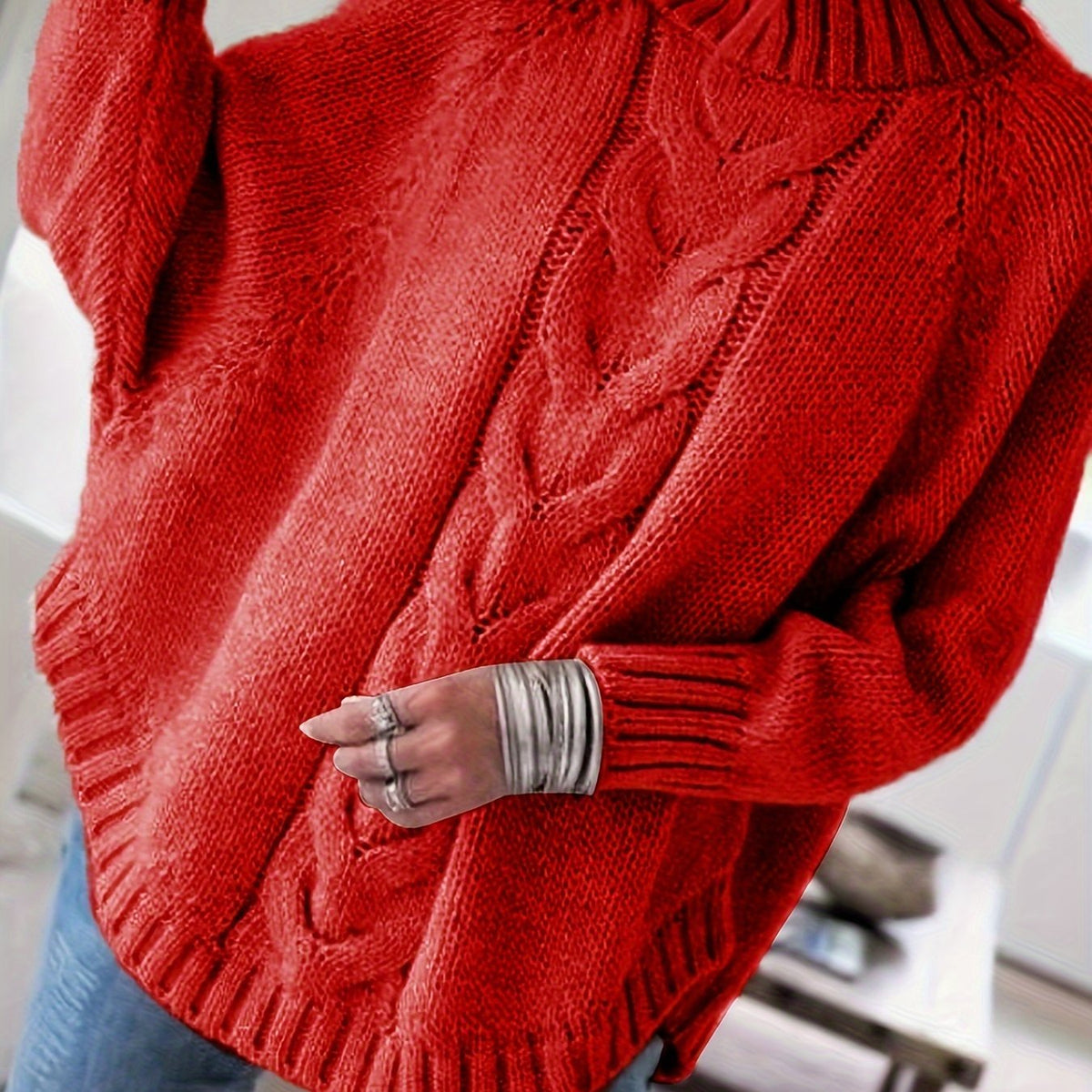 Pull Femme Poudré à Torsades  Maille Ample & Col Montant