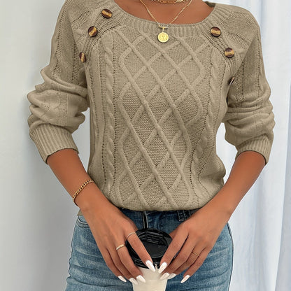 Koriora | Women's Textured Round-Neck Jumper with Lantern Sleeves and Buttons