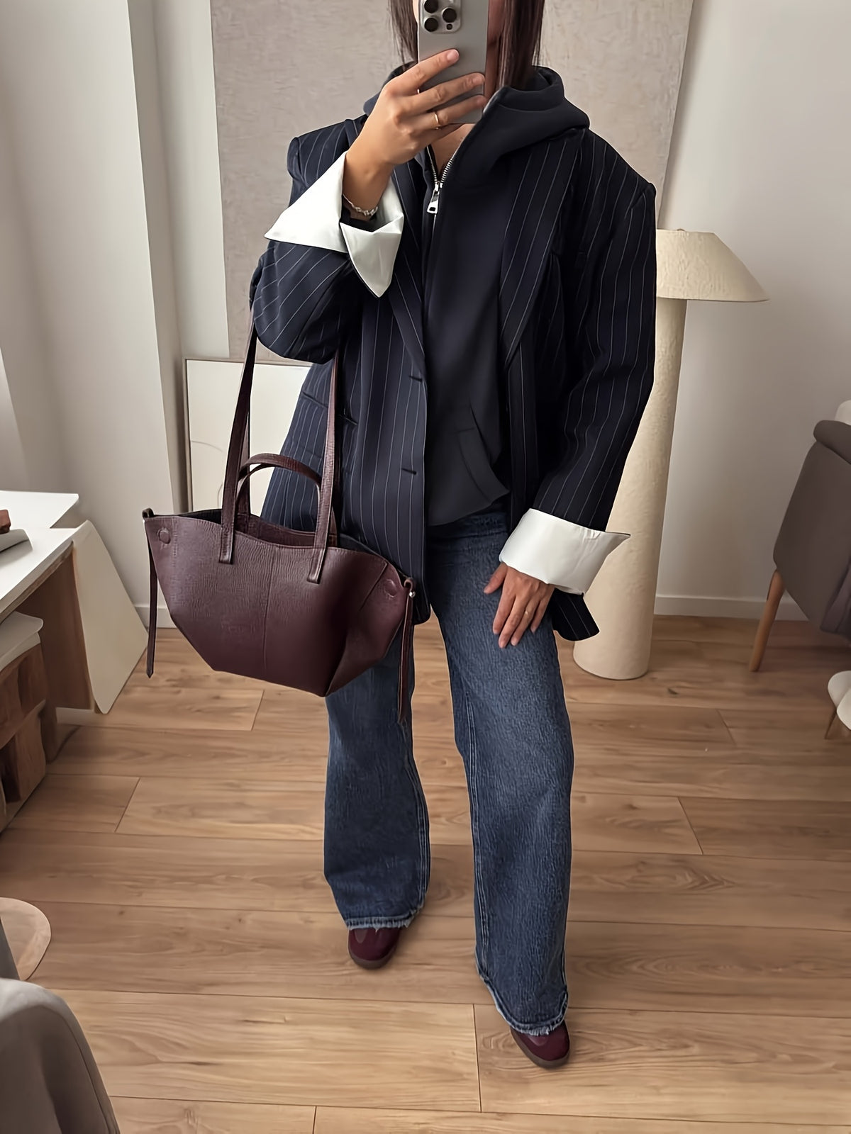 Women's Relaxed Pinstripe Blazer with Contrasting White Cuffs