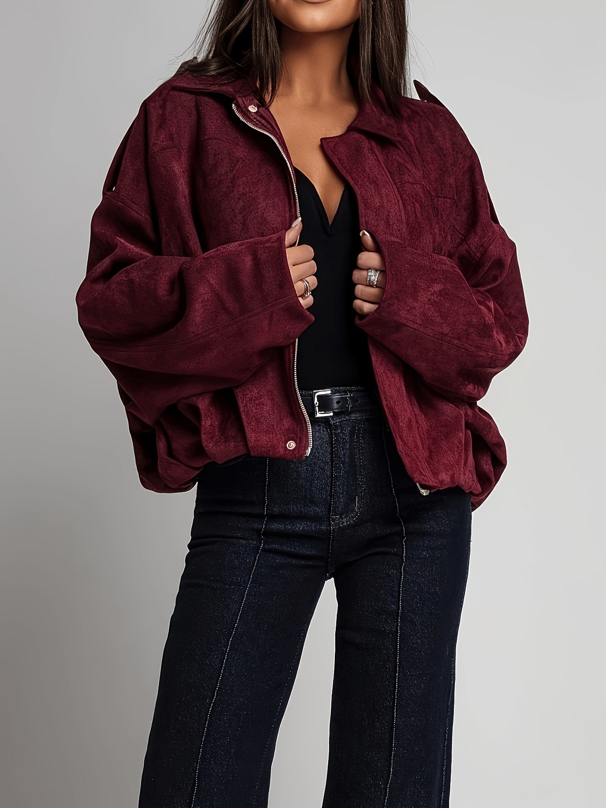 Veste Femme Bordeaux Effet Daim Oversize – Zippée à Col Revers
