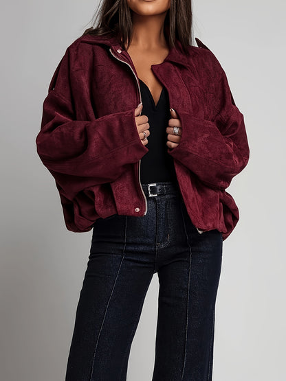 Veste Femme Bordeaux Effet Daim Oversize – Zippée à Col Revers