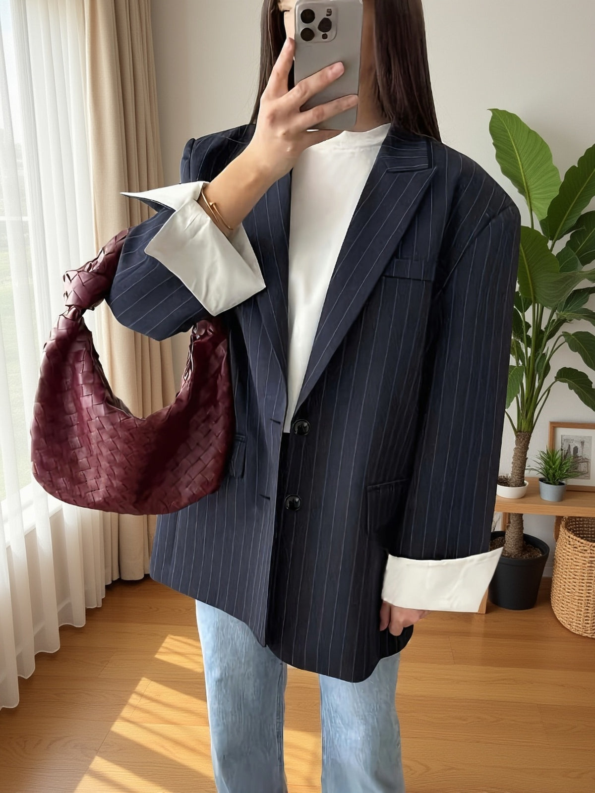 Women's Relaxed Pinstripe Blazer with Contrasting White Cuffs