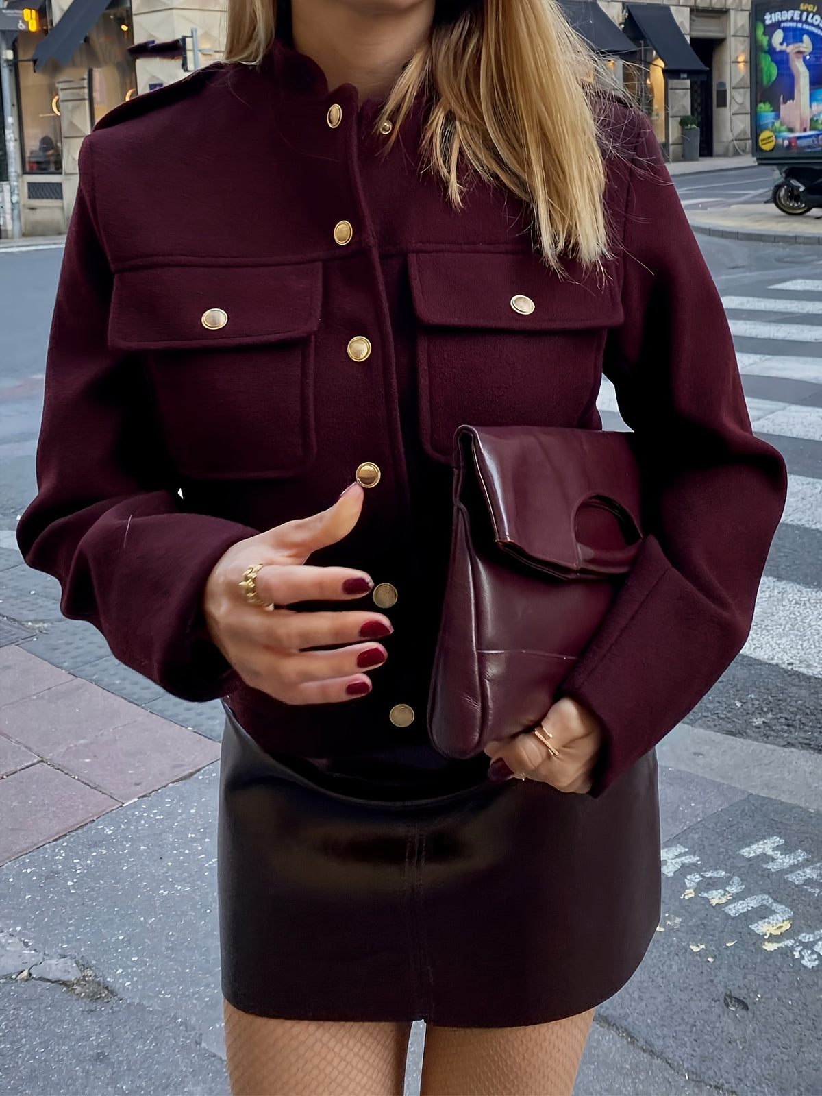 Veste Femme Courte à Boutons Dorés & Poches  Col Montant