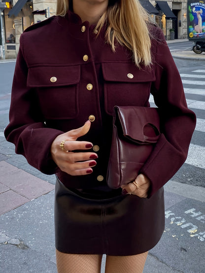 Veste Femme Courte à Boutons Dorés & Poches  Col Montant