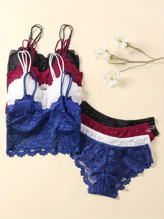 Koriora | Lot de 4 Ensembles Lingerie Dentelle Premium — Brassière & Culotte Sans Armatures | 4 Coloris