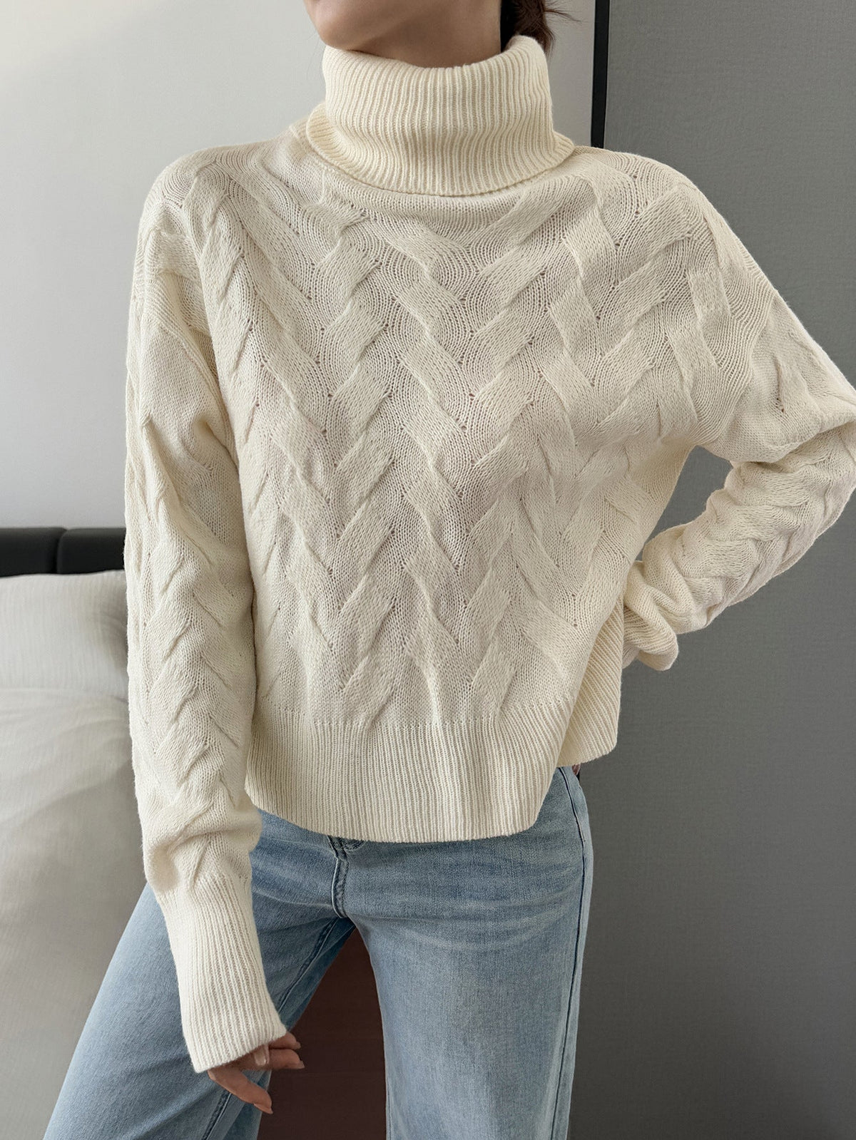Koriora | "Margaux" High-Neck Cable-Knit Jumper — Soft Stretch Knit, Butter / Cream / Pink