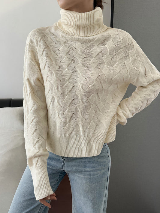 Koriora | "Margaux" High-Neck Cable-Knit Jumper — Soft Stretch Knit, Butter / Cream / Pink