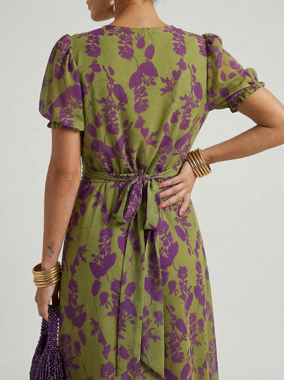 Koriora | Robe Midi Cache-Cœur Florale Manches Courtes — Confort & Élégance Quotidienne