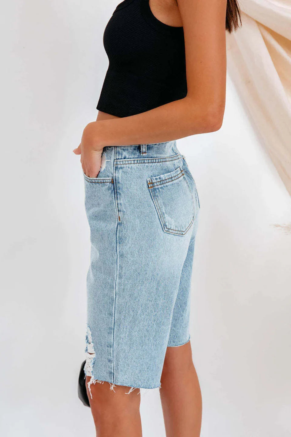 Koriora | Bermuda Jean Femme Destroy — Coupe Droite Taille Haute & Style Casual Authentique